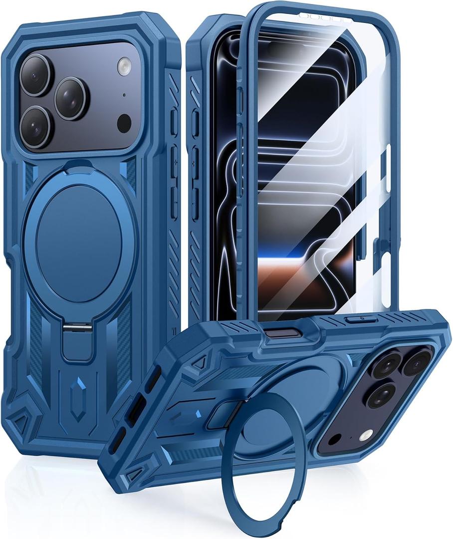 FNTCASE for iPhone 17 Pro Case: Magnetic Stand Case with Built-in Screen Protector Compatible with Magsafe | Ring Kickstand Military Grade Drop Protective Cell Phone Cover | Heavy Duty Cases (Blue)