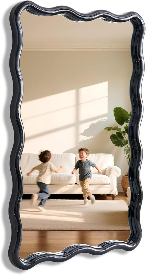 Wavy Bathroom Mirror Black Rectangle Scalloped 24x36 Modern Wood Farme Mirror Wall Mirror for Bathroom Entryway Living Room Bedroom Hallway