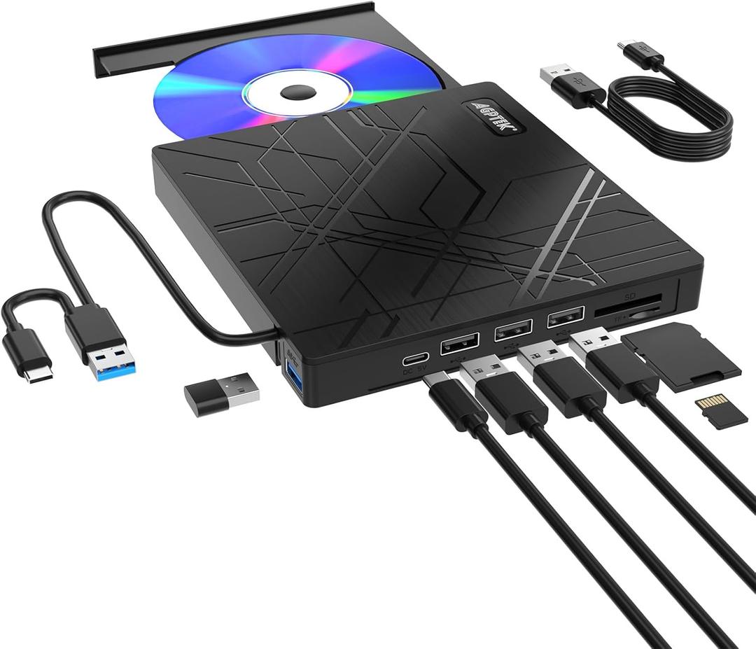 AGPTEK 8 in 1 External CD/DVD Drive for Laptop, USB 3.0 Ultra Slim Portable CD Burner with 4 USB Ports and 2 TF/SD Card Slots, External DVD Drive Compatible with Mac, PC, Windows 11/10/8/7, Linux