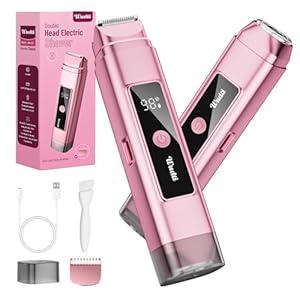 Dynooper Electric Bikini Trimmer for Women: Razor & Shaver with Dual Heads for Body Pubic Hair, IPX7 Waterproof with LED Display - Rechargeable Lady Trimmer for Underarm Body Leg Face - Tea Rose