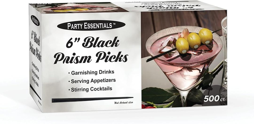 Party Essentials Stylish Skewers Appetizer Martini Cocktail Keeps Ingredients Pinned Together, 6" Prism Picks, Black, 500-Count