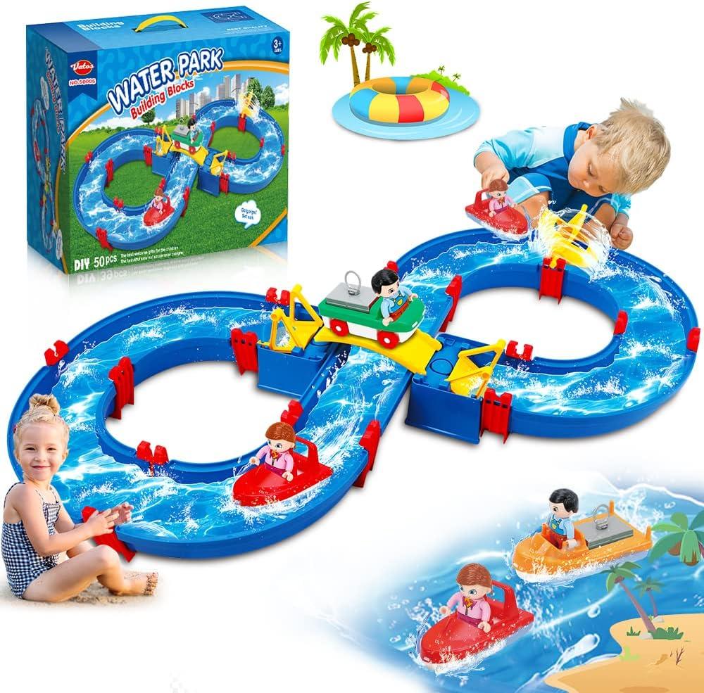 VATOS Kids Outdoor Water Table Toys, Water Park Playset 50PCS DIY Table Beach Toy on Backyard, Lawn, Pool Waterway Toy with 2 Boats, Summer Outside Activity Funs for Toddler Boys Girls Ages 4-8 3-5