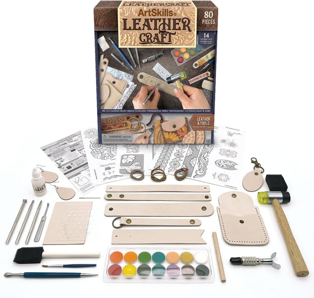 ArtSkills Leather Working Kit, Leather Tooling Kit with Tools, Stamps, Arts and Crafts Adult Project Kits, 80 pc