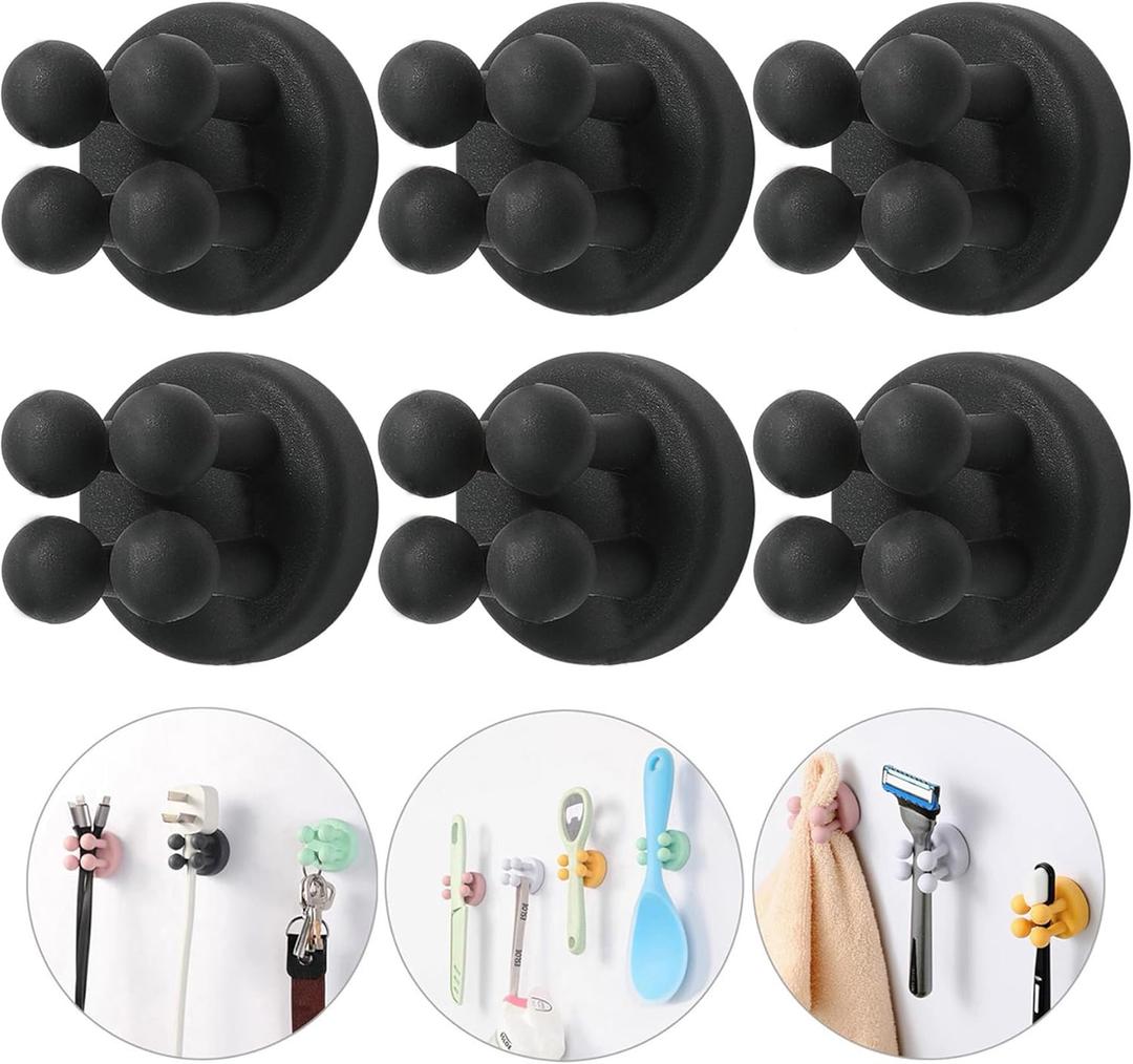 iBetterLife Razor Holder for Shower Hooks 6 Pcs Self Adhesive Wall Mounted Single Hook for Hanging Toothbrush, Functional Waterproof Utility Plug Holder for Bathroom Kitchen Living Room Office, Black