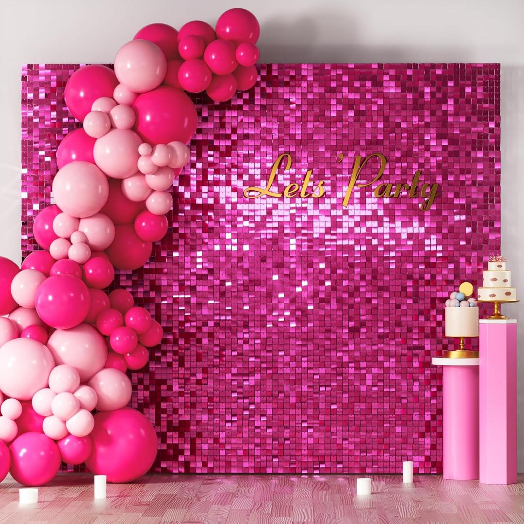 COKAOBE Hot Pink Shimmer Wall Backdrop, 36PCS Square Sequin Shimmer Backdrop Panel, Photo Backdrops for Birthday, Anniversary, Wedding, Graduation & Bachelorette Party Decoration,36PCS, Hot Pink