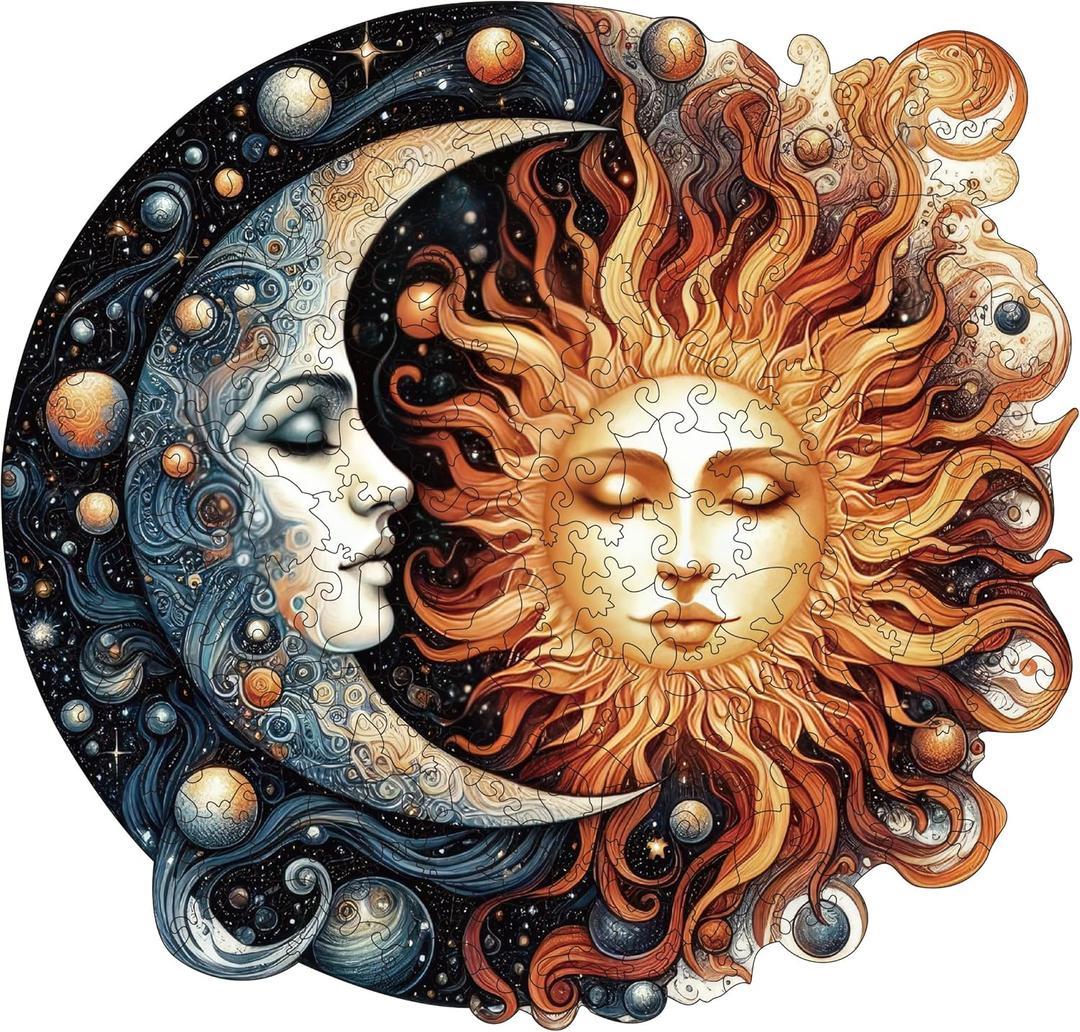 Wooden Puzzles for Adults, Sun and Moon Wood Puzzles 200 Pieces, Irregular Animal Shaped Unique Wooden Jigsaw Puzzles, Creative Ghristmas Gift for Teenagers and Adults