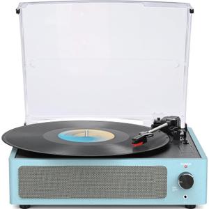 Vinyl Record Player with Speakers New Sleek Sky Blue Turntable Wireless Receiver Bluetooth Playback 3 Speed 3 Size AUX-in RCA Line Auto Stop All-in-one LP Phonograph for Beginner Classic Blue