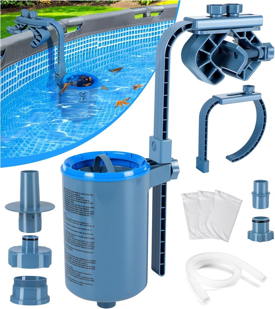 Above Ground Pool Skimmer Comes with 3 Skimmer Socks | Wall Mount Surface Skimmer-Adjustable Height Bracket | Floating Pool Skimmer Removable Skimmer Basket, Auto Skimming Pool Surface Debris