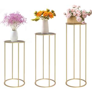 chamvis Gold Metal Plant Stand, 3 Pcs Tall Cylinder Pedestal Stands for Parties and Weddings, Gold Round Cylinder Tables for Living Room and Patio Decor
