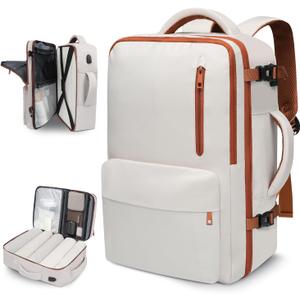 35L Travel Backpack | 180 All-Open Design | Multi-Pockets | Airline Approved Carry on | Backpack Fits 15.6 inch Laptop | Waterproof | USB Charging Port | Expandable Storage for Clothes, Cream