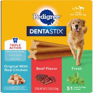 Pedigree Dentastix Large Breed Dog Treats, Original, Beef & Fresh Flavor, 2.73 lb. Variety Pack (51 Treats), BB 05/2026