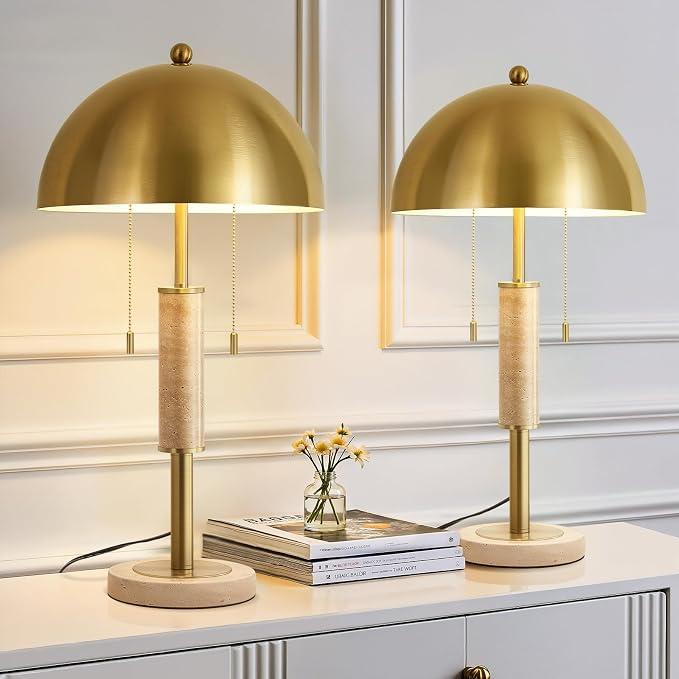 KAISITE 24" Modern Table Lamps Set of 2 for Living Room Gold Metal Nightstand Lamp with High-Grade Decorative Travertine Mid Century Table Lamp for Bedroom End Table Side Table Bedside