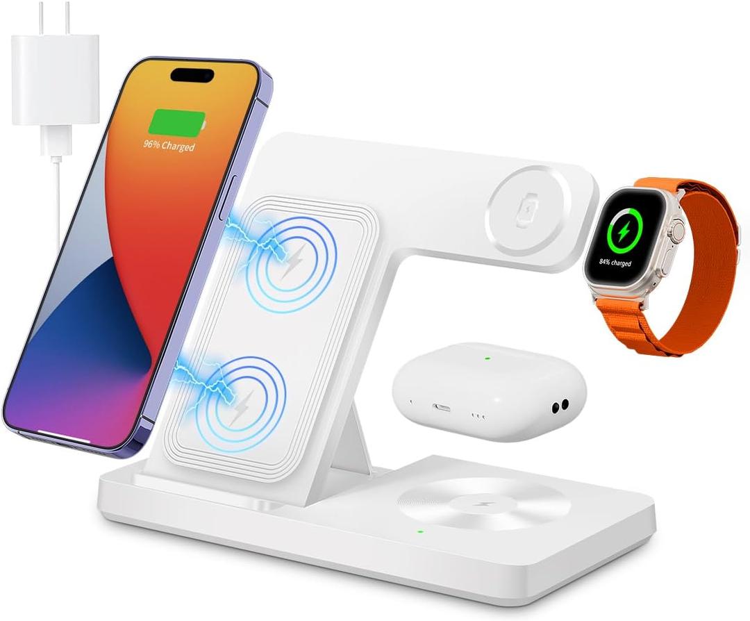 Wireless Charger, 3 in 1 Charging Station for Multiple Devices, Wireless Charging Stand for iPhone 8-17 Series, iWatch 2-10 Series/ Ultra/ SE, AirPods4/ 3/ 2/ Pro(White)