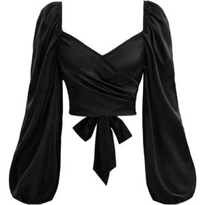 SOLY HUX Women's Lantern Long Sleeve Wrap Ruched Bow Tie Blouse Sweetheart Neck Satin Going Out Crop Tops (Medium, Plain Black)