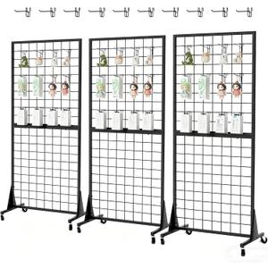 3-Pack 2'x5.5' Ft Gridwall Panel Display Stands Heavy Duty Floor Standing Retail Display Rack with Triangle Base for Retail Art Show with 20 Hooks
