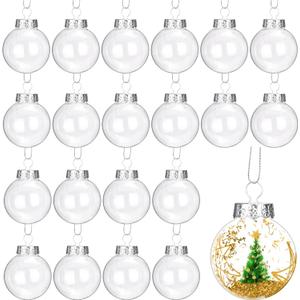 30Pcs Clear Christmas Ornament Ball, 2.4 Inches Transparent Fillable Tree Ornaments with Removable Silver Cap Hanging Cords, Flat Plastic Round Ball for Xmas Holiday Home Party Decor DIY Crafts