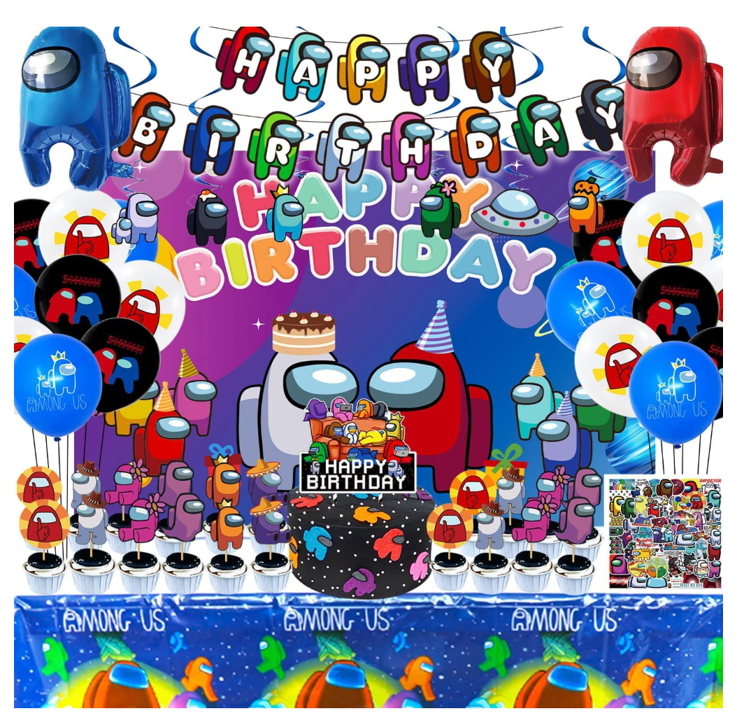 110Pcs A-mong Us Birthday Party Supplies,Video Game Party Decorations with Birthday Banner,Hanging Swirls,Cake Topper,Cupcake Toppers,Balloons,Foil Balloons,Backdrop,Tablecloth,Stickers