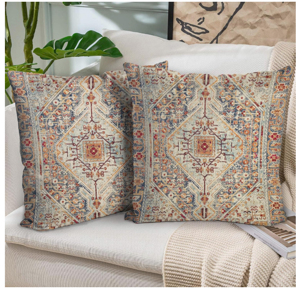 BUAEL Boho Throw Pillow Covers 22x22 inch Set of 2,Boho Vintage Carpet Pattern Antique Ethnic Decor Double Sided Pattern Cushion Cover Soft Pillow Case Living Sofa Room Bed Square Pillow Cover