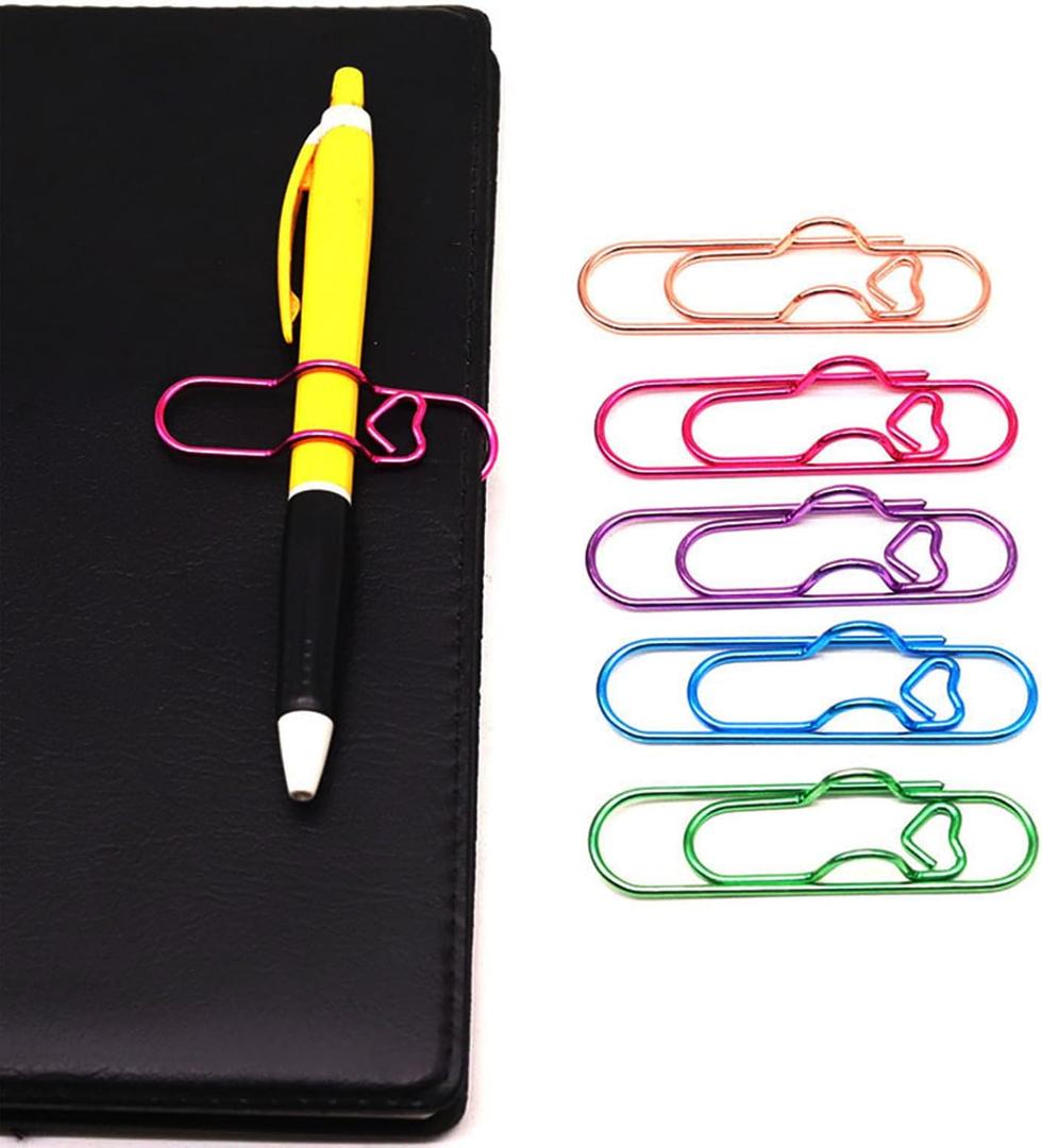 15 Pcs Metal Pen Holder Clips for Notebook, Planner Accessories, Heart Paper Clips (Blue 3, Rose Gold 3, Pink 3, Purple 3, Green 3)