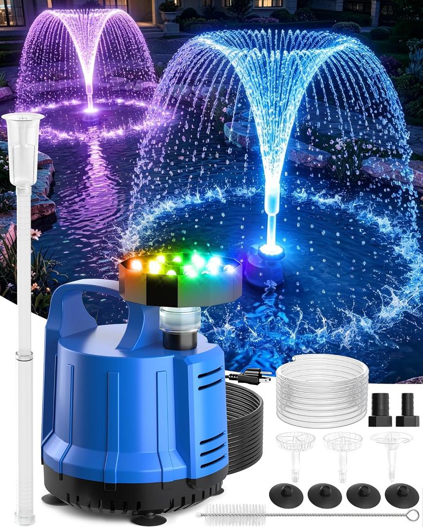 2026 Patented Pond Filter with Pump Fountain Lights, 2-in-1 Pond Filter with Pond Pump and Fountain Kit,Pond Filter Fountain for Koi Pond Filters System, Auto Water Sensor, 16ft Hose-Dark Blue