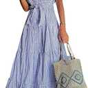 utcoco Womens Casual Short Sleeve Button Down Tie Waist Ruffled Striped Maxi Shirt Dress, Size L