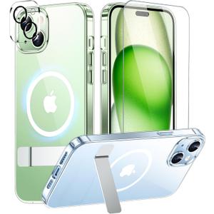 SPIDERCASE Magnetic for iPhone 15 Plus Case/iPhone 14 Plus Case, with 2 Pcs [Tempered Glass Screen Protector+Camera Lens Protector][Military Drop Protection] Kickstand Slim Thin Case,Clear