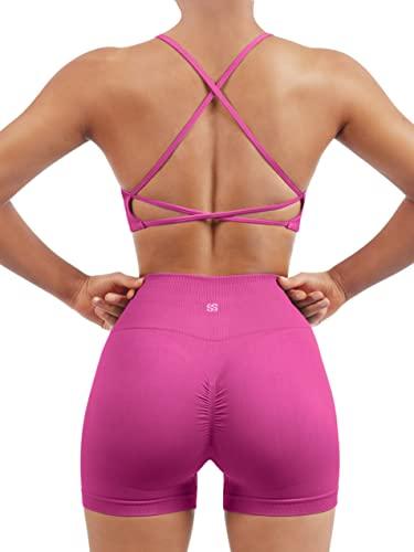 SUUKSESS Women Seamless 1 piece Workout Sets Strappy Padded Sports Bra Booty High Waisted Shorts Outfits (Hot Pink,M)