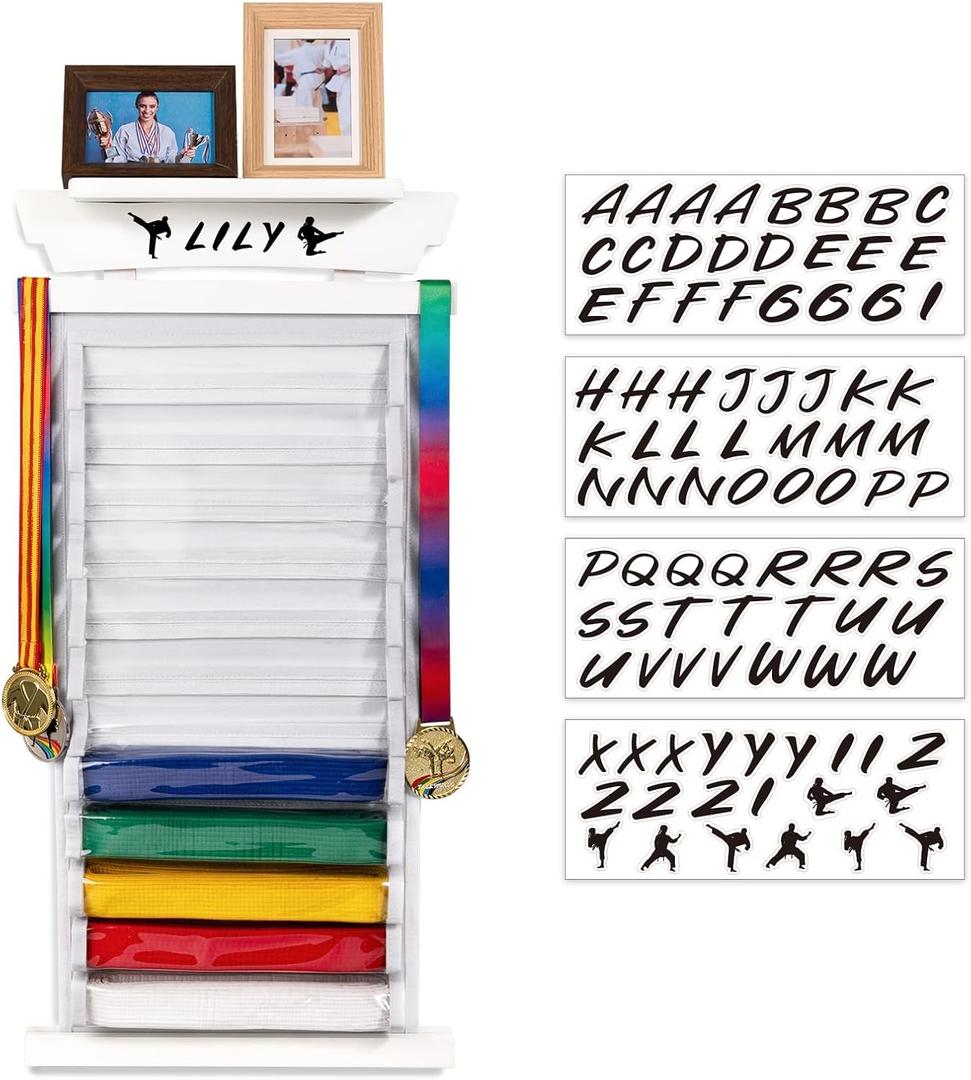 Tilhumt 12/10 Belts Karate Belt Display Rack with Stickers, Taekwondo Belt Display with Trophy/Photo Rack, Felt Dustproof Design, Easy to Put in Belt, Martial Arts Belt Display for Adults (White)