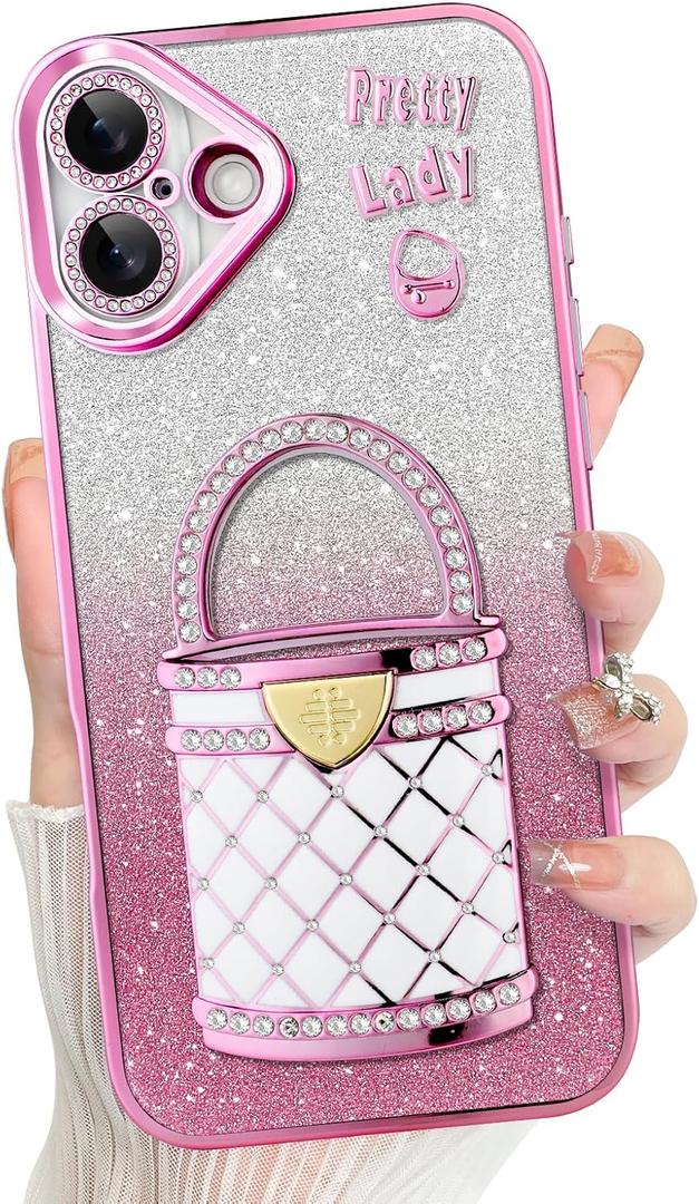 tharlet Kickstand for iPhone 16 Case with Stand [with Makeup Mirror] Cute Glitter Luxury Plating Edge Bumper with Full Camera Lens for iPhone 16 Phone Case, Pink (6.7")