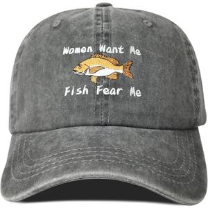 Hepandy Women Want Me Fish Fear Me Embroidered Dark Gray Baseball Caps for Men, Adjustable Cotton Snapback Embroidery Trucker Hat Dad Hats