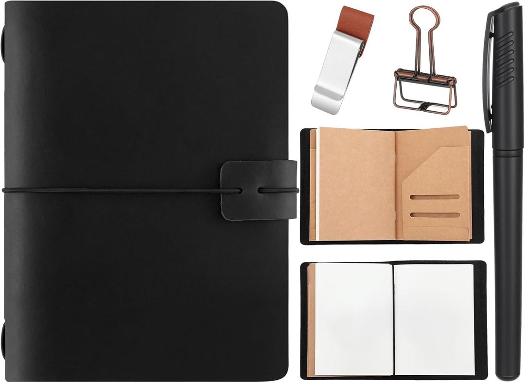 Thenshop Travelers Refillable Leather Journal Notebook Travel Diary Handmade Passport Travelers Journal for Men and Women with 3 Notebook Inserts, Pen Holder, Binder Clip(Black,Passport Size)