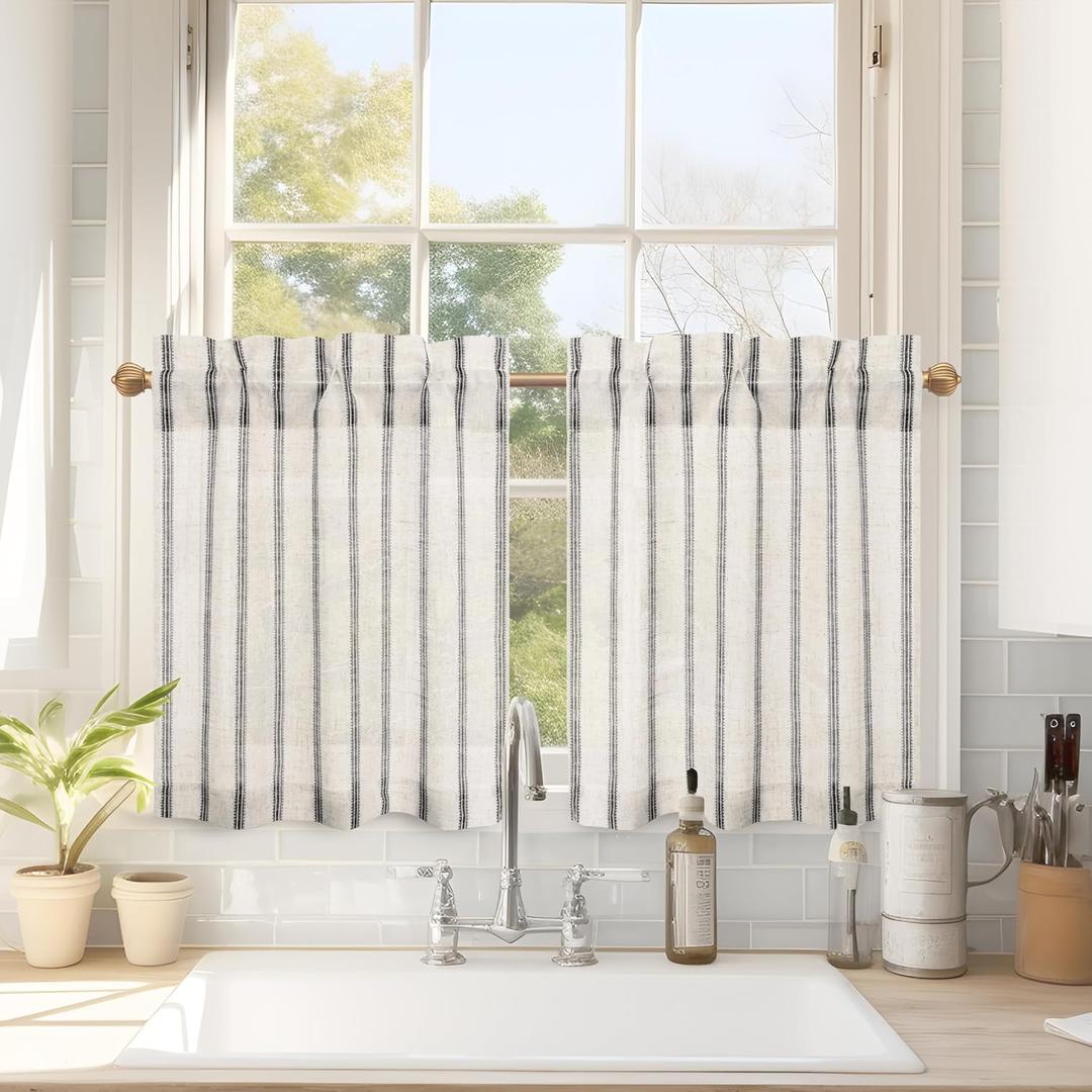 DriftAway Kitchen Tier Curtains - Striped Linen Short Pinstripe Cafe Curtains 24 Inch Length for Living Room Bathroom Chris Farmhouse Rustic Rod Pocket 2 Panels Black