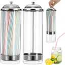 ZEAYEA 2 Pack Glass Straw Dispensers with 200 Pcs Straws, Clear Straw Holder with Stainless Steel Lid, Drinking Straw Organizer Containers for Store, Restaurant, Bar, Home Kitchen, Countertop
