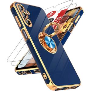 LeYi for Samsung Galaxy A15 5G Case: with Tempered Glass Screen Protector [2 Pack] 360 Rotatable Ring Holder Magnetic Kickstand, Plating Rose Gold Edge for A15 5G Case, Cute Present for Mom,Blue