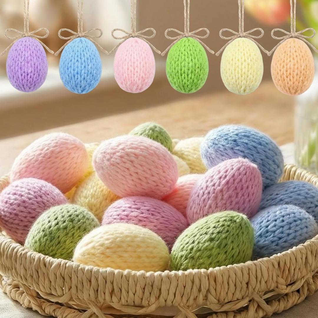 Lyrow 18 Pcs Knitted Easter Eggs Decorations Handmade DIY Knitting Pastel Eggs Crochet Mini Hanging Ornaments for Easter Basket Tree Bowl Centerpiece Party Favors Gifts Spring Home Decor(Stylish)