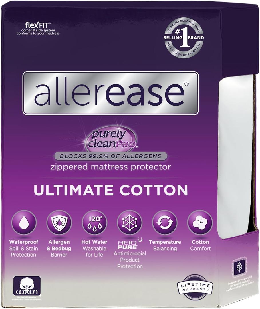 AllerEase Ultimate Cotton Top Allergy Protection and Comfort Zippered Mattress Protector Queen, White