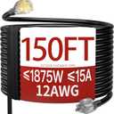 150 FT 12 Gauge Extension Cord Outdoor, Heavy Duty Weatherproof & Flame Retardant Black 3 Prong Power Cord with Light, Outside for Lawn & Garden, 15 Amps 1875 Watts 125 VAC 12AWG SJTW, ETL Listed