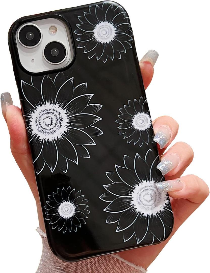 3 x Compatible for iPhone15 Plus Case,Cute Sunflower Floral Patternor with Shockproof Slim Soft TPU and Hard PC Protective Cases for Women Girls Designed for iPhone 15 Plus Black