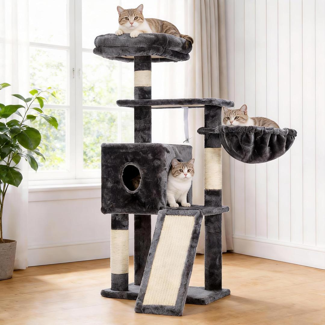 Hey-brother Cat Tree, 42.5-Inches Cat Tower for Indoor Cats, Plush Multi-Level Kitten Cat Condo with Scratching Post, Ramp, Basket, Spacious Cat Cave, Hanging Ball, Smoky Gray MPJ007SG