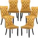 LKTART Dining Chairs Set of 6 Velvet Upholstered Tufted Back with Nailhead Trim and Back Ring Pull Solid Wood Legs for Kitchen Bedroom Dining Room Gold