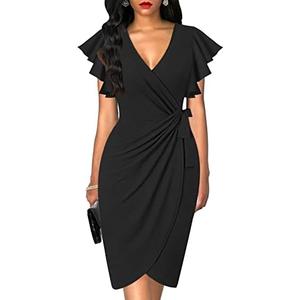 Oten Womens Deep V Neck Ruffle Sleeve Sheath Casual Cocktail Party Work Faux Wrap Dress L