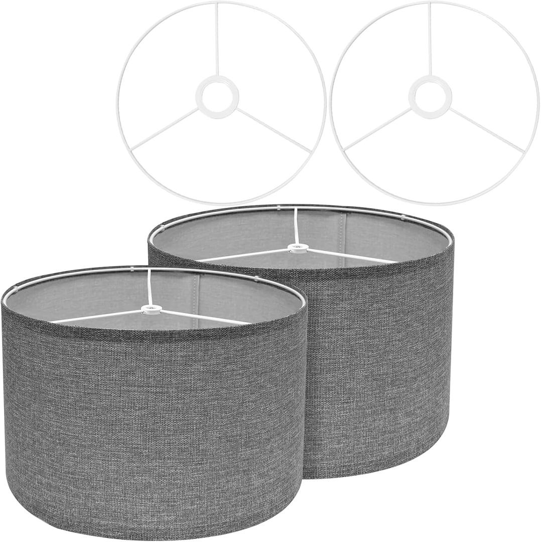 Drum Lamp Shades for Table Lamps 12" Top x 12" Bottom x 8" High Linen Lampshade Set of 2 Gray Lamp Shade with E27 to E26/E14 Adapters for Floor Lamps Bedside Lamps, Gray, Assembly Required
