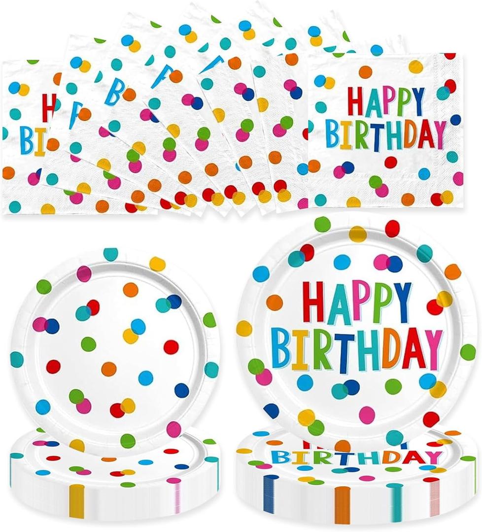 60PCS Happy Birthday Paper Plates and Napkins, Rainbow Dot Party Paper Plates Disposable Birthday Party Decorations Tableware Set for Kids Boys Girls