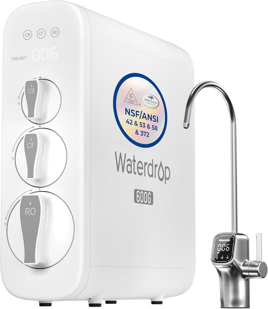 Waterdrop G3P600 Reverse Osmosis System, 8 Stage Tankless Reverse Osmosis Water Filter, NSF/ANSI 42 & 53 & 58 & 372 Certified, Under Sink RO System, 2:1 Pure to Drain, Smart LED Faucet