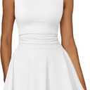IWD Women's Boat Neck Sleeveless Mini Dress Ruched Waist Flowy Tiered Ruffle Hem A Line Party Short Dresses (White, S)