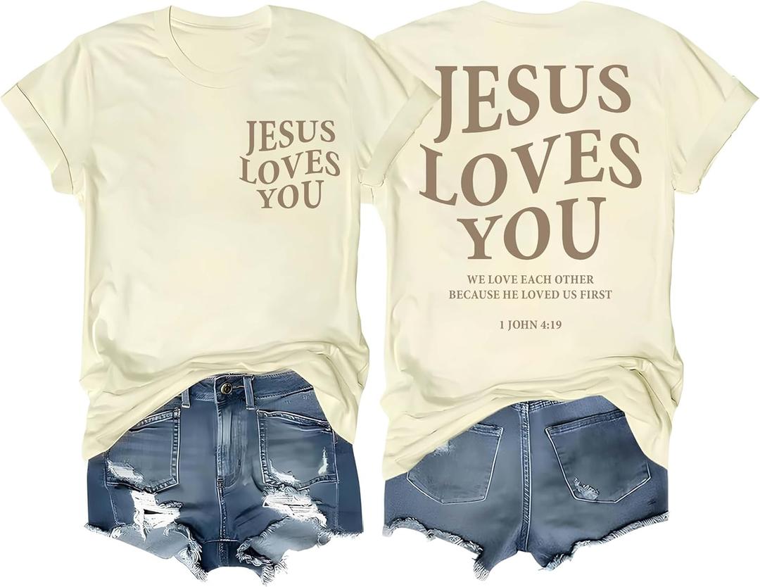 Christian T Shirts for Women Jesus Loves You Shirt Faith Religious Cross Floral Graphic T-Shirt Bible Verse Tee Tops (M)