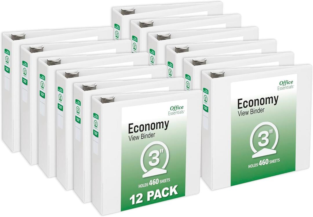 Office Essentials Economy View 3 Ring Binders, 3" Round Rings, 3.5" Spine, 460-Sheet Capacity, White Binders (12-Pack of 03430)