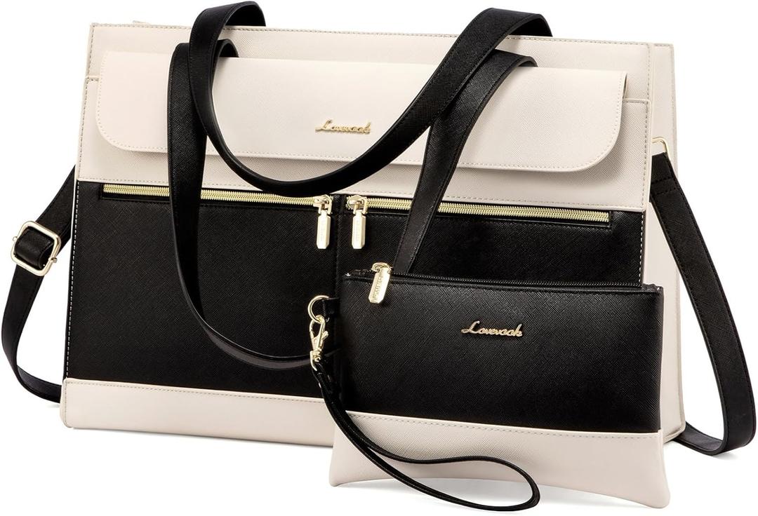 LOVEVOOK Laptop Tote for Women - 15.6 Inch Professional Leather Computer Briefcase - Waterproof Shoulder Bag - Large Capacity Business & Office Bag (Black/Beige)