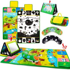 Tummy Time Mirror & Play Mat & Pillow 3-in-1, High Contrast Black and White Baby Toys, Activity Mat for Early Education, Newborn Infant Tummy Time Toy Set for 0 3 6 12 Month Crinkle/Squeake