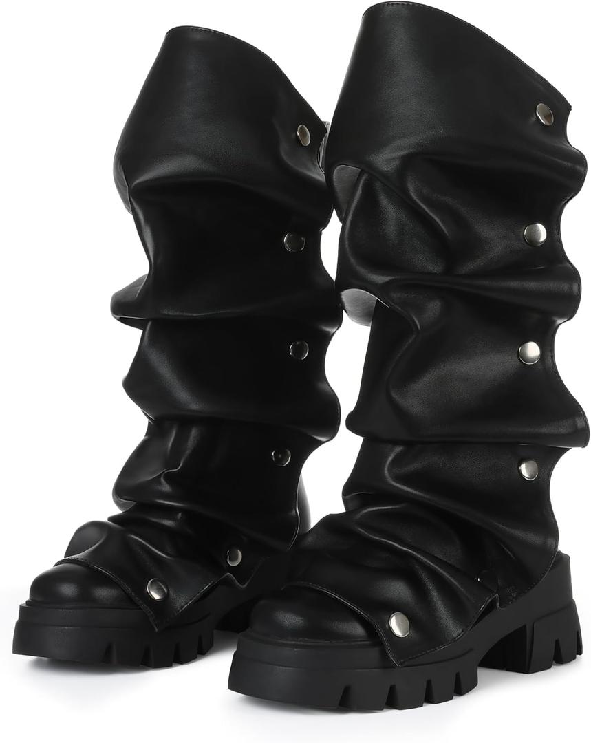 VOMIRA Slouchy Boots for Women Fold Over Boots (9.5, Black Pu)